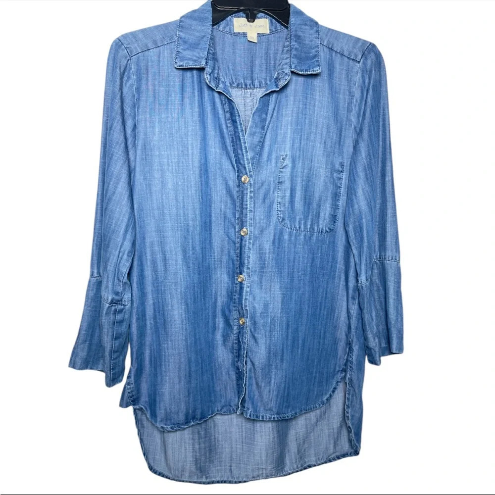 Cloth & Stone Button Front Denim Chambray hi low Shirt Blue 3/4 Sleeve XSmall